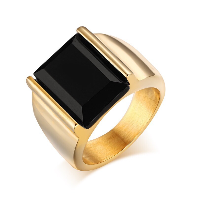 Men's Titanium Steel Black Agate Jewellery Ring Size 7-13 Gold/Steel Color