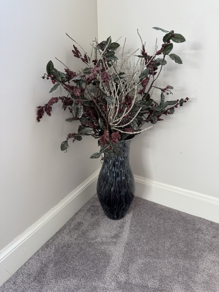 Elegant  Flower Arrangement  in Large Glass Vase, Burgundy, green, Gold Shimmer