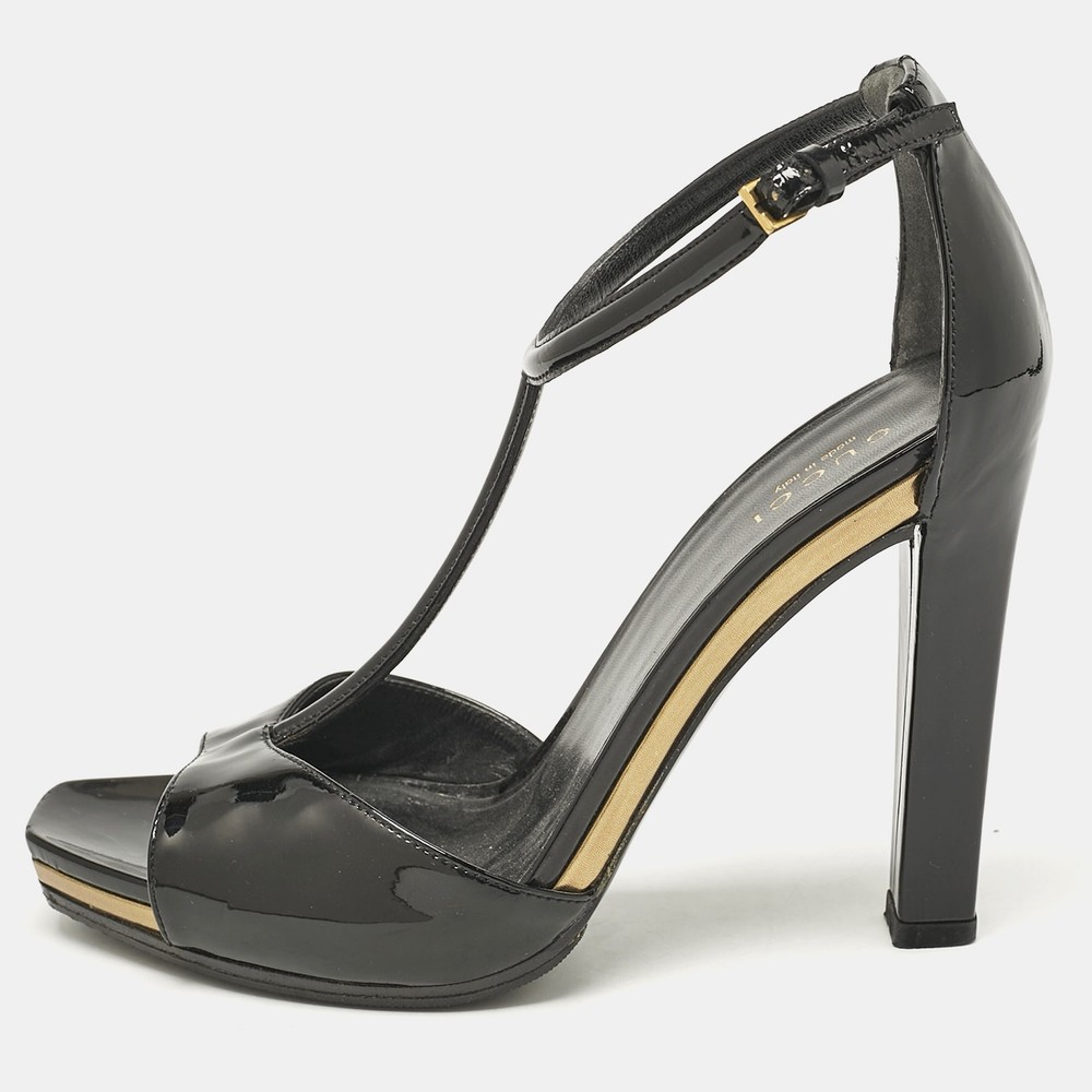 Gucci Black Patent Leather T-Strap Sandals Size 36.5 Women