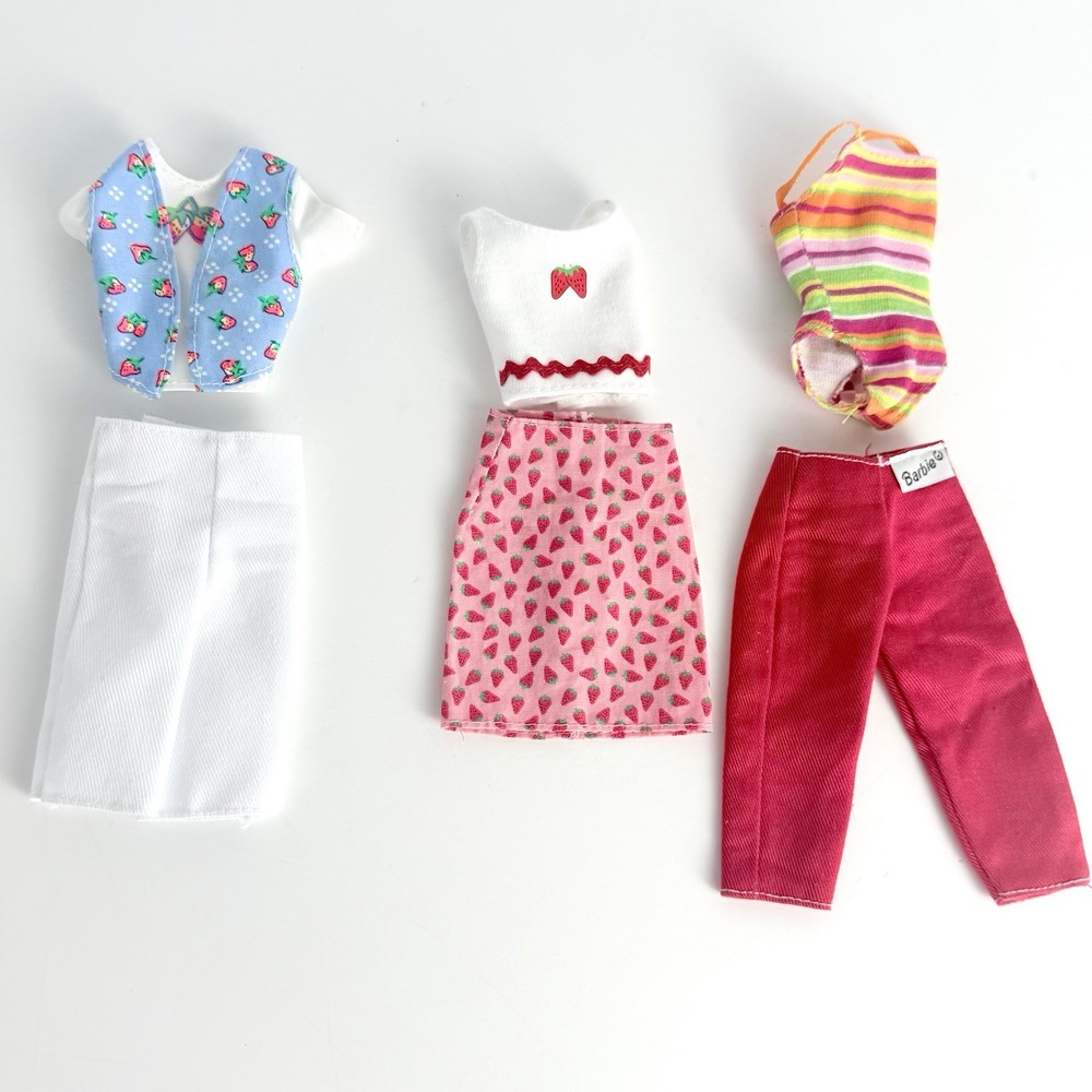 Vintage 90s Barbie Lot Strawberry Skirt 2 Strawberry Tops White/Red Pants Suit