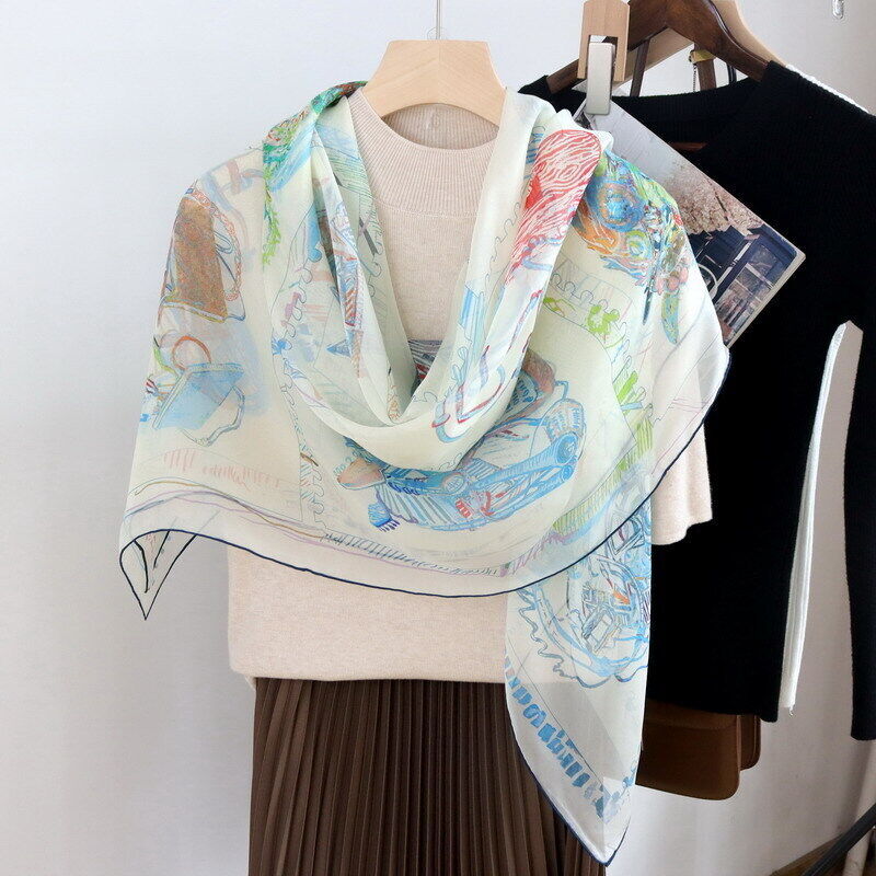 Mulberry Chiffon Silk Wrap Scarf Sarong with Horse Head Print 54 Inches