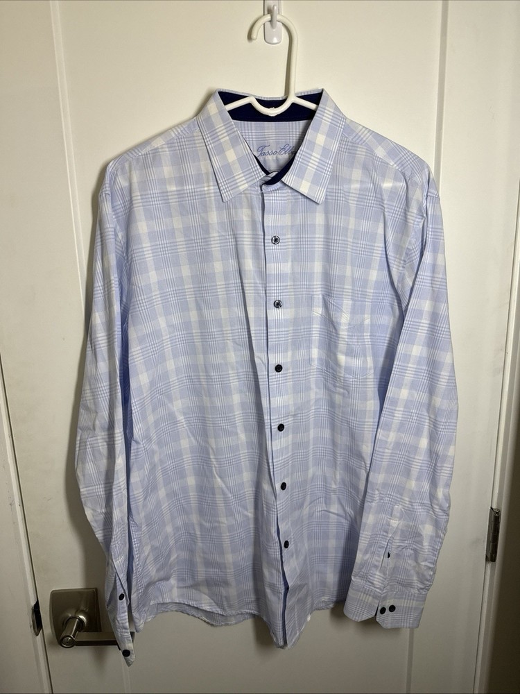 Men’s Large Tasso Elba Blue & White Plaid Dress Shirt