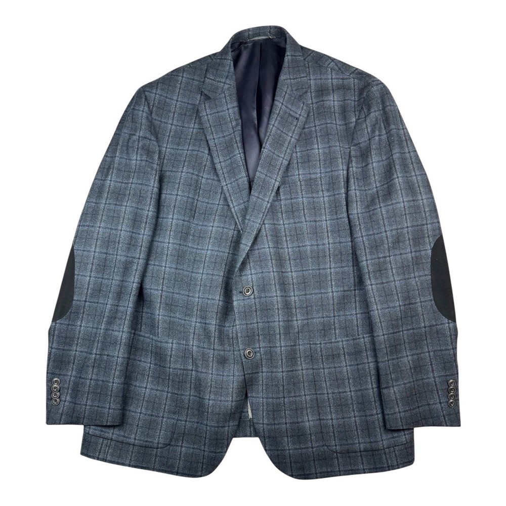 Yani Mens Gray Plaid Wool Super 110s Italy Elbow Patch Blazer Jacket Size 46 Regular