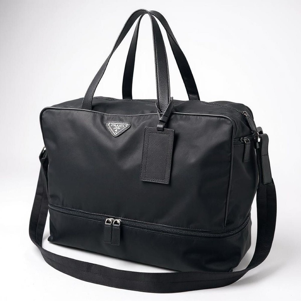 RARE PRADA Tessuto Nylon 2-Way Boston Shoulder Bag Black with C