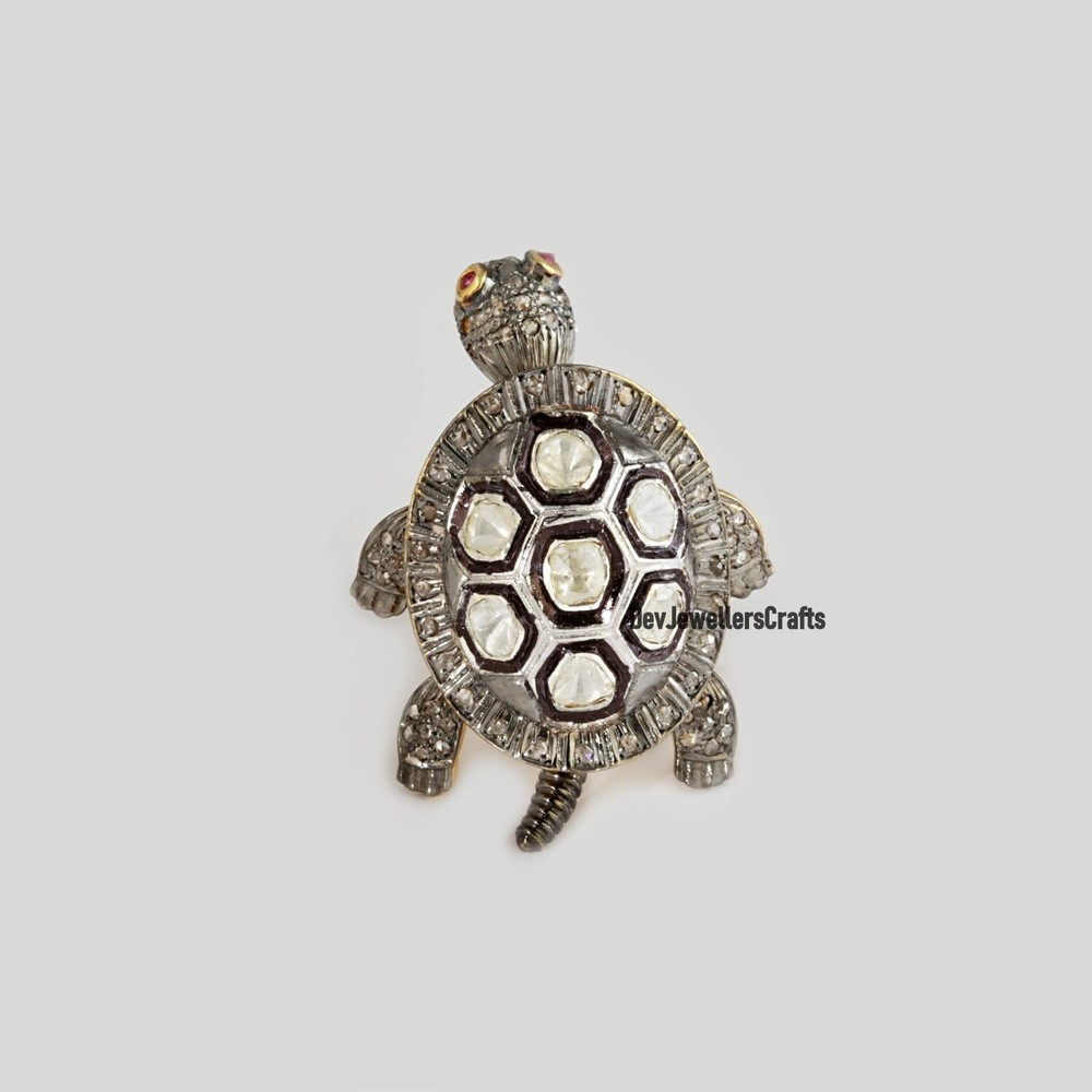 925 Sterling Silver Polki Diamond Ruby Turtle Ring Pave Design