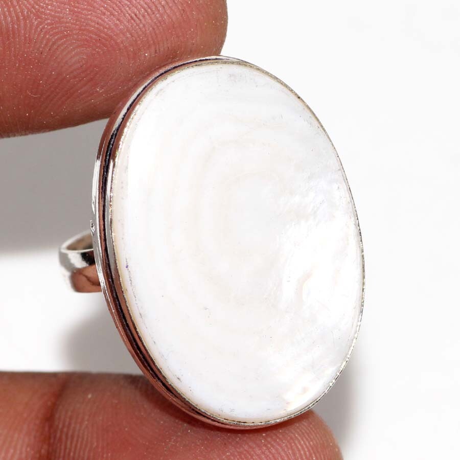 Mother of Pearl 925 Silver Plated Gemstone Ring Size US 8 Elegant Aesthetic Jewelry JW