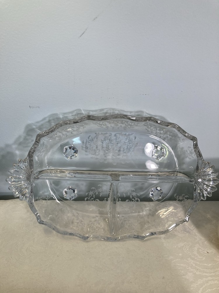 VINTAGE etched glass condiment dish with feet; no damage; lgth 12