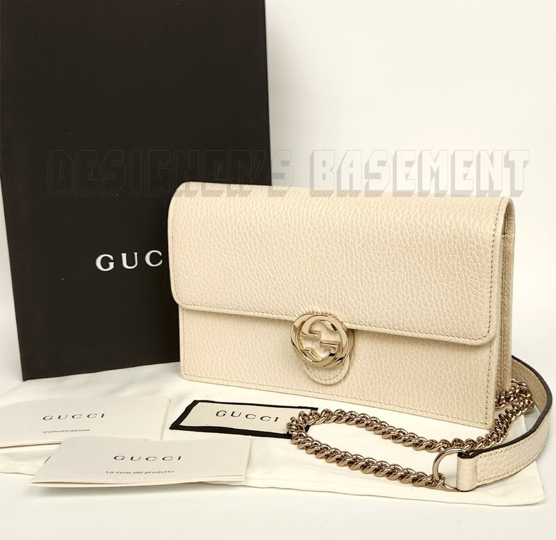 GUCCI ivory Pebbled Leather INTERLOCKING G crossbody CHAIN bag wallet NIB Authen