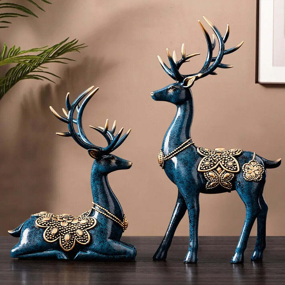 Blue Deer Statue European Retro Figurines Sculptures Tabletop Decor Modern US Gi