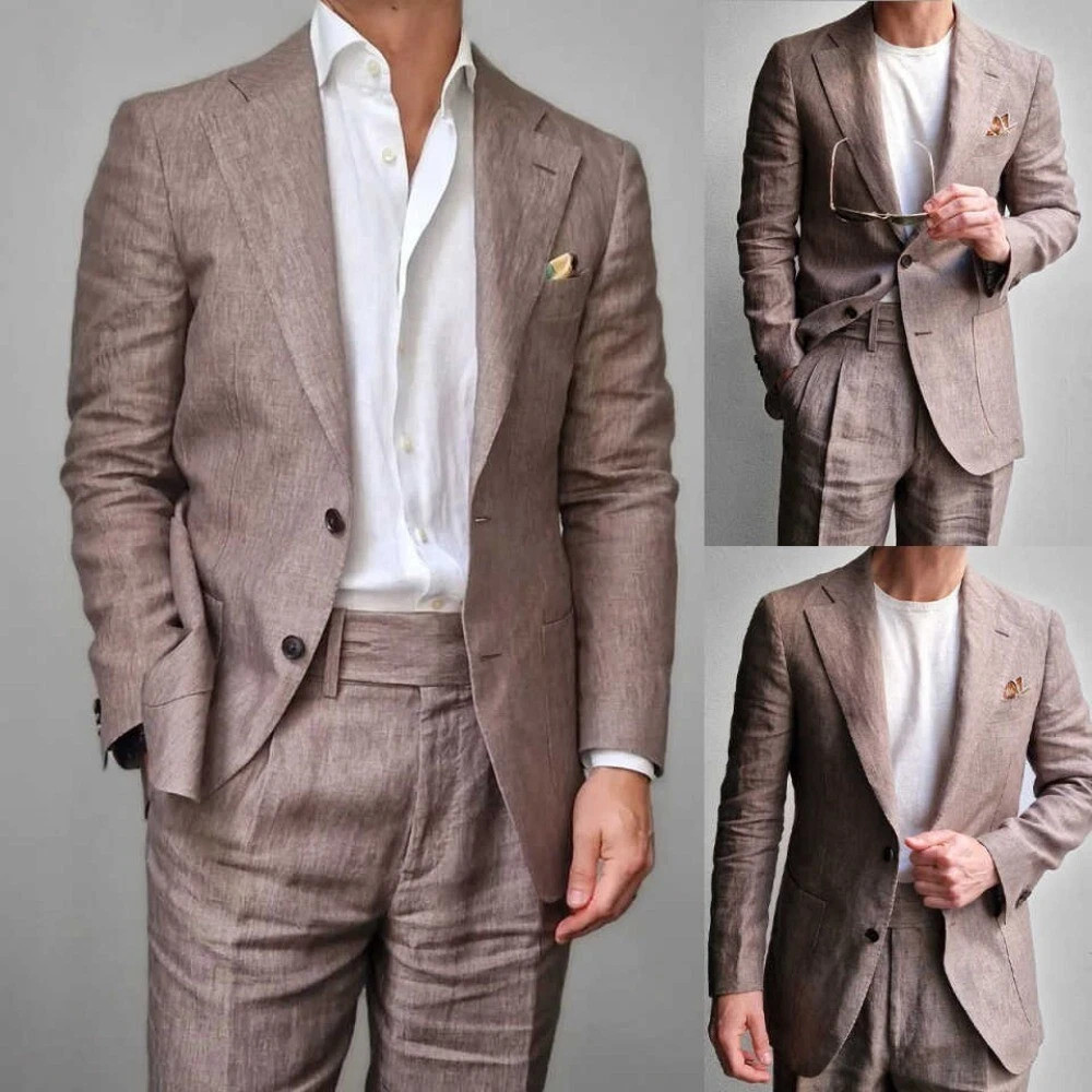 Breathable Brown Linen Suit Jacket for Men with Notch Lapel and Single Breasted Design