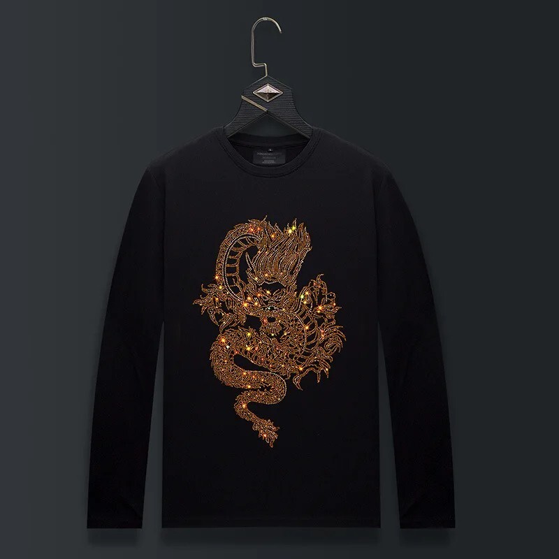Fashion Dragon Trend Rhinestone Long Sleeve Luxury  Men T-Shirt Plus Size 6XL