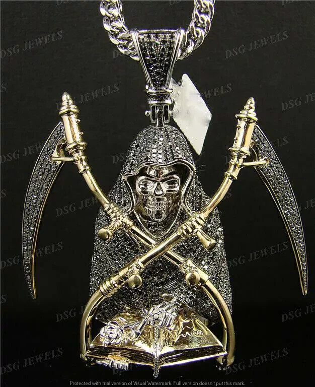 6.50Ct Black Moissanite Grim Reaper Skull Pendant in 14k Gold