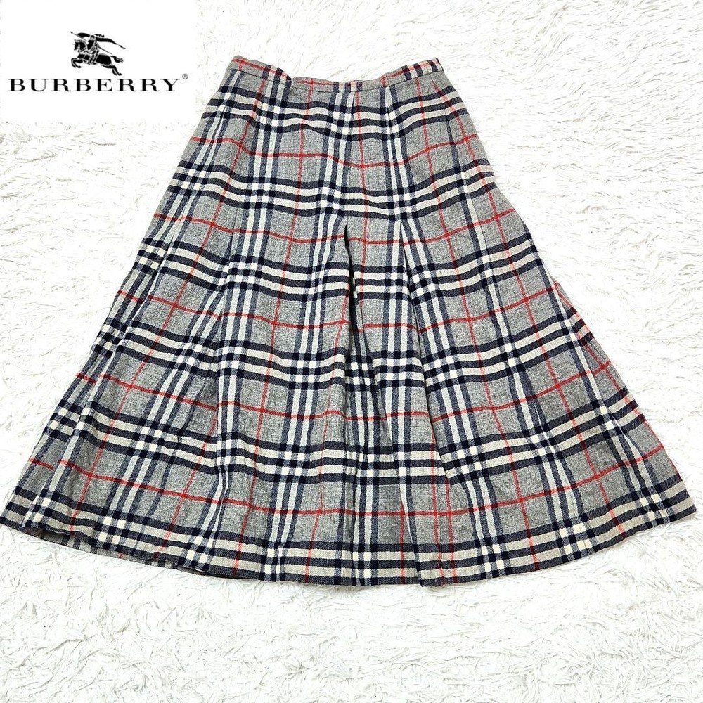 Burberry Vintage Pleated Long Skirt Nova Check Wool Gray England Made