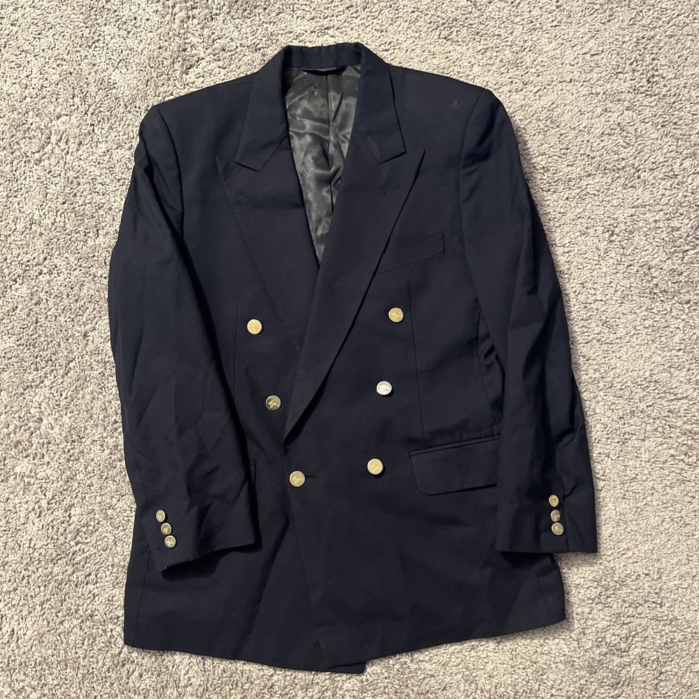 Vintage BURBERRY Double Breasted 40R Navy Blue Blazer Jacket Gold Buttons *READ*