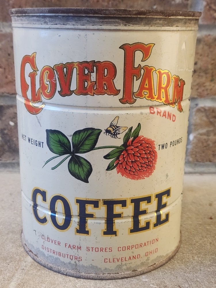HARD TO FIND CLOVER FARM COFFEE 2 LB TIN LITHO CONTAINER CLEVELAND OHIO OH