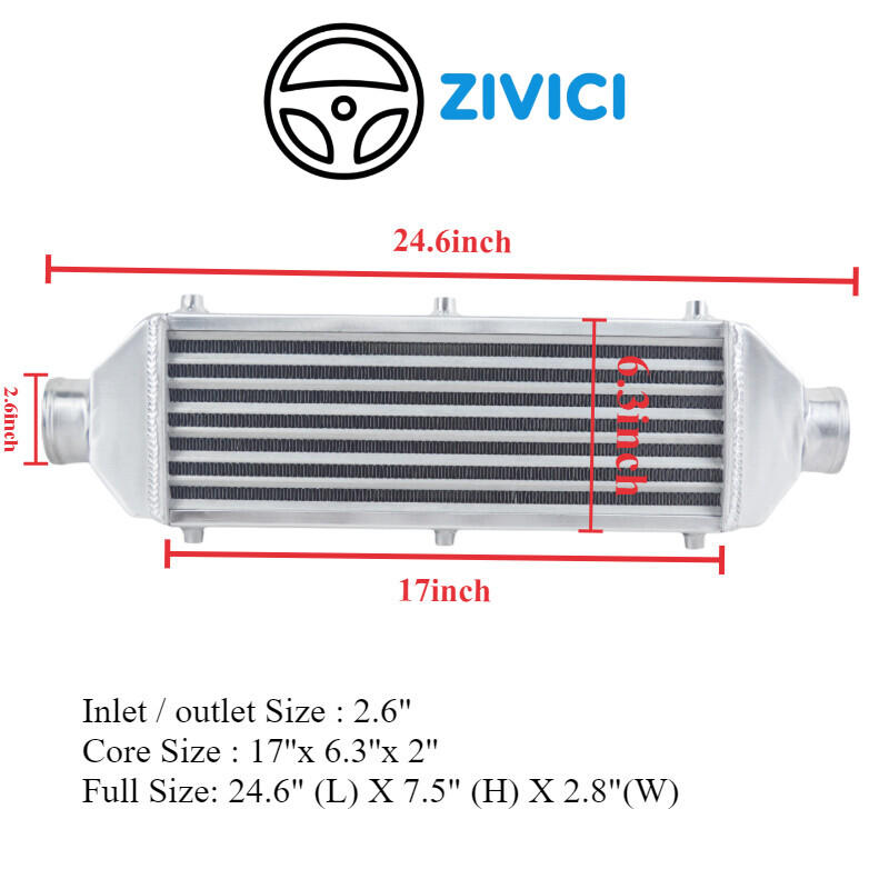 24.6x7.5x2.8in Universal Turbo Front Mount Aluminum Intercooler Tube Fin Design