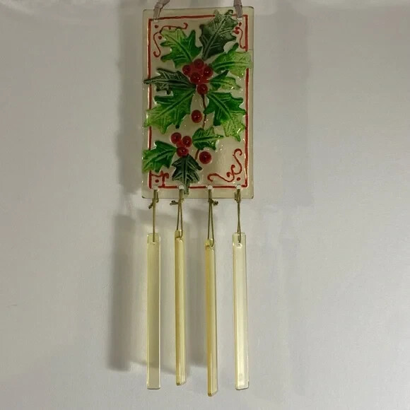 Holly Berry Glass Wind Chime 12 Inch with Leather Strap-image