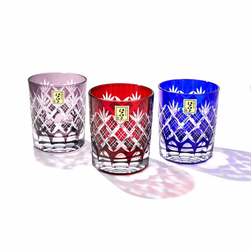 Edo Kiriko Whiskey Glass - Hand-Cut Tokyo Japan Artisan Gift in Blue, Red, or Purple
