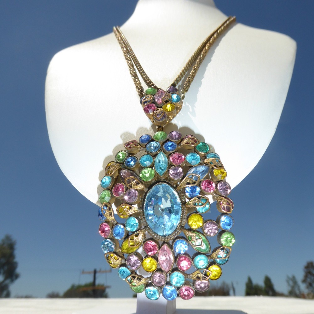 ANTIQUE GOLD TONE VINTAGE COLORFUL RHINESTONE FRUIT SALAD NECKLACE Deco 1930s