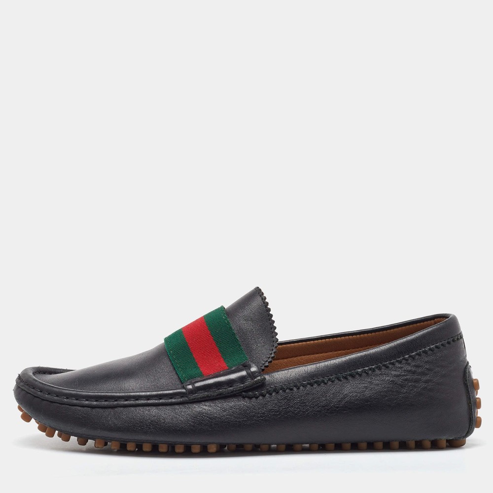 Gucci Black Leather Web Detail Slip On Loafers Size 395