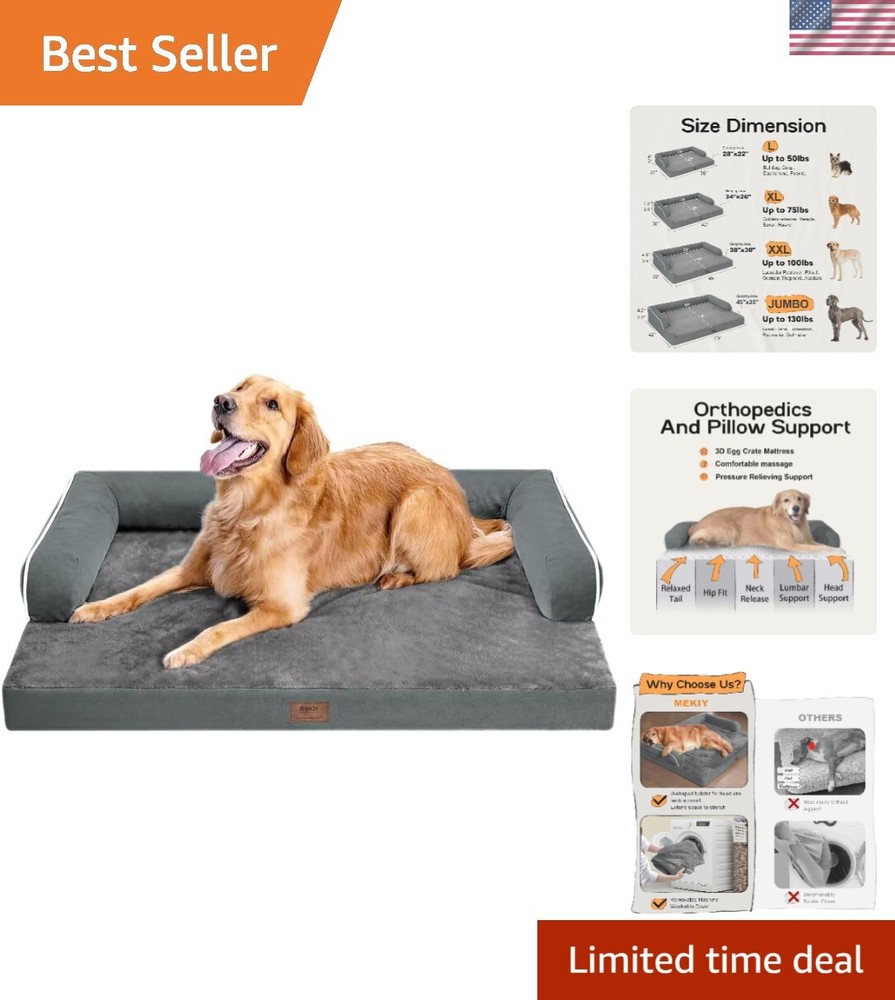 Large Orthopedic Memory Foam Dog Bed with Washable Waterproof Cover 36x27 Bolster