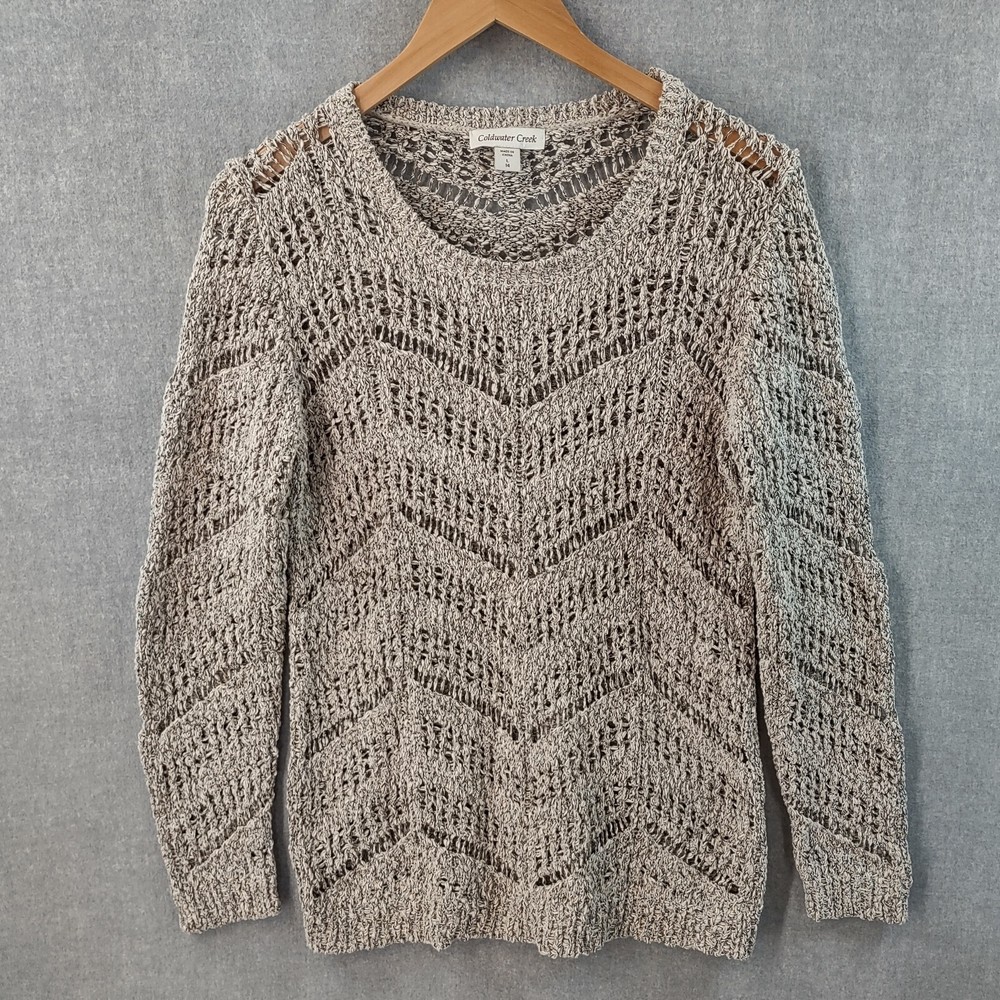 Coldwater Creek Sweater Womens Large Beige Bohemian Crochet Long Sleeve Pullover