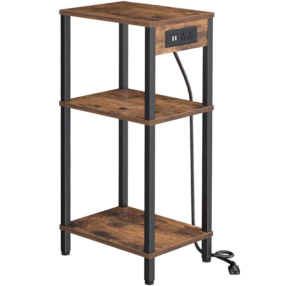 30 Rustic Brown Side Table with Charging Station for Living Room, Bedroom