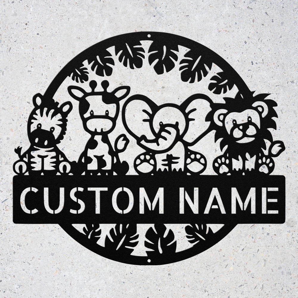 Custom Safari Animal Metal Sign Personalized Jungle Nursery Room Decor Cute Gift