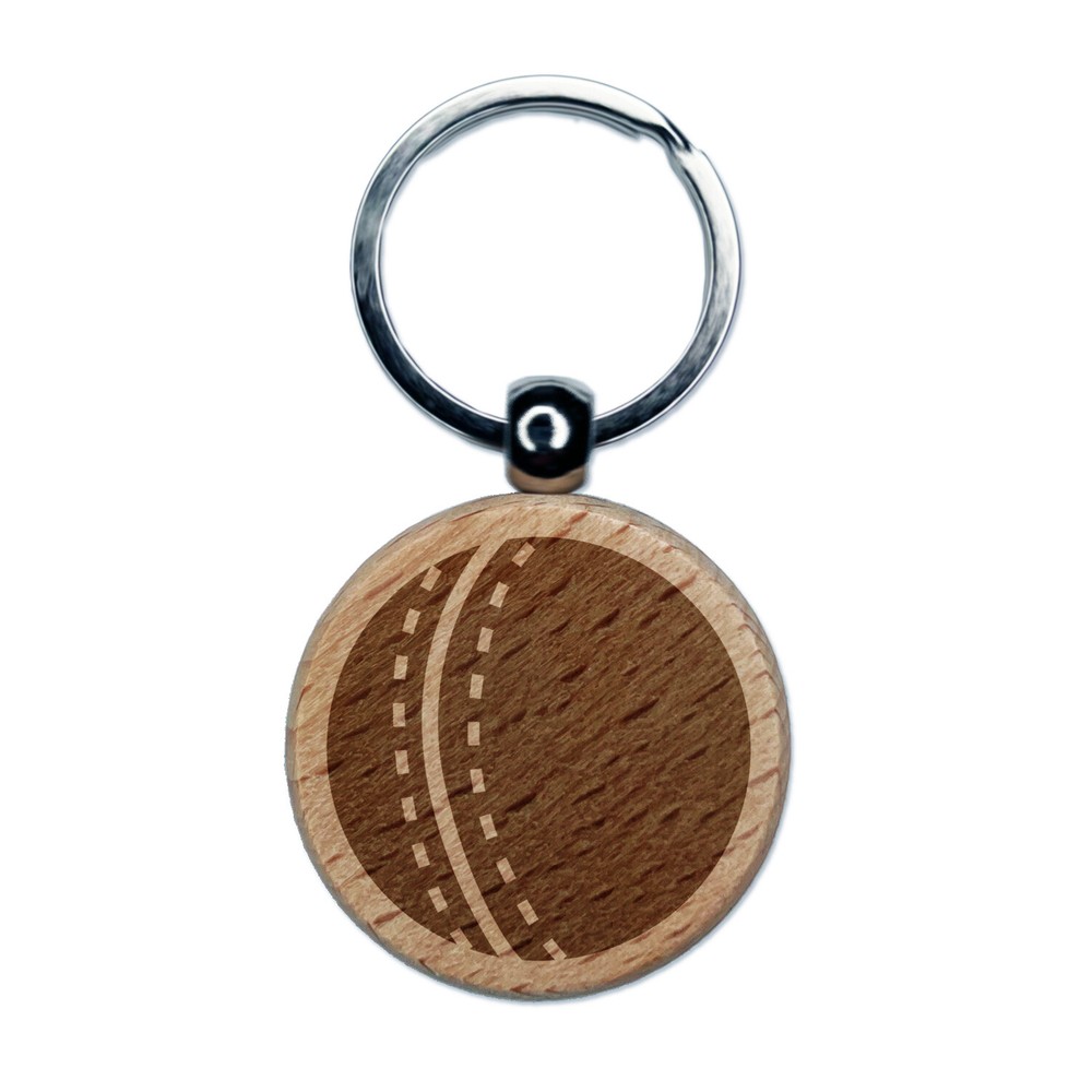 Cricket Sport Ball Engraved Wood Round Keychain Tag Charm