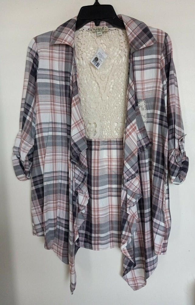 One World Womens Cardigan Medium Plaid Lace Back Open Drape Front Waterfall NEW
