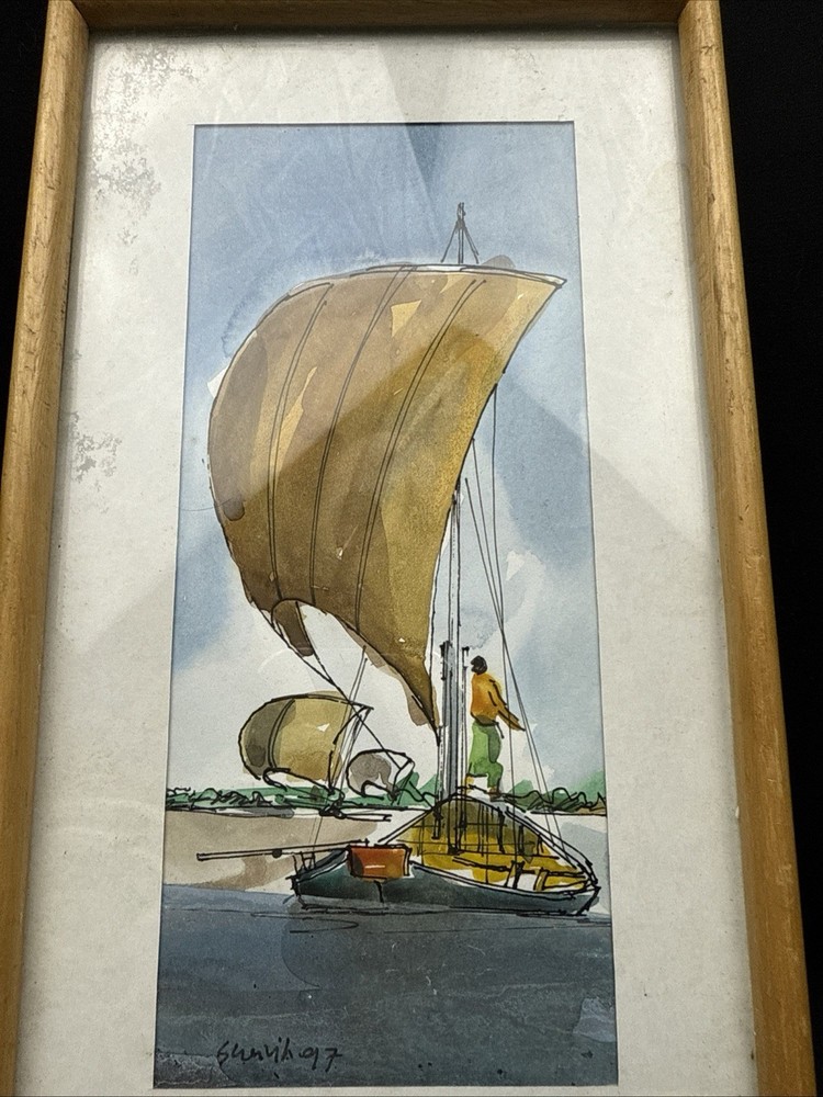 Original Watercolor Sailboat Painting Signed Sanvil 1997 Nautical Framed Art