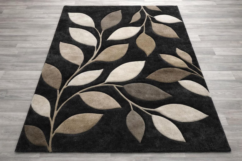 Hand Tufted Black & Beige Leaf Pattern Rug | Modern Floral Wool Carpet