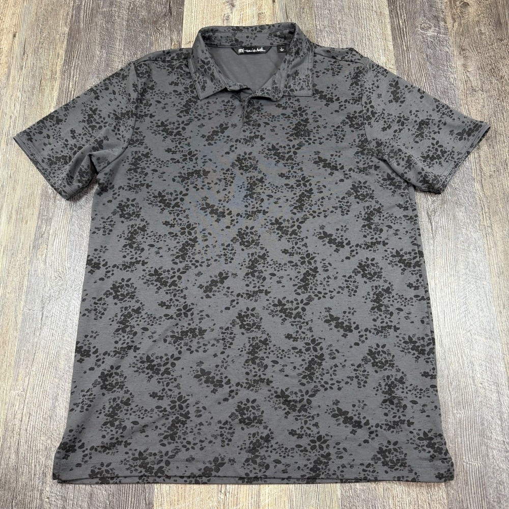 Travis Mathew Floral Golf Polo Shirt Gray Black Short Sleeve Pima Cotton Mens L
