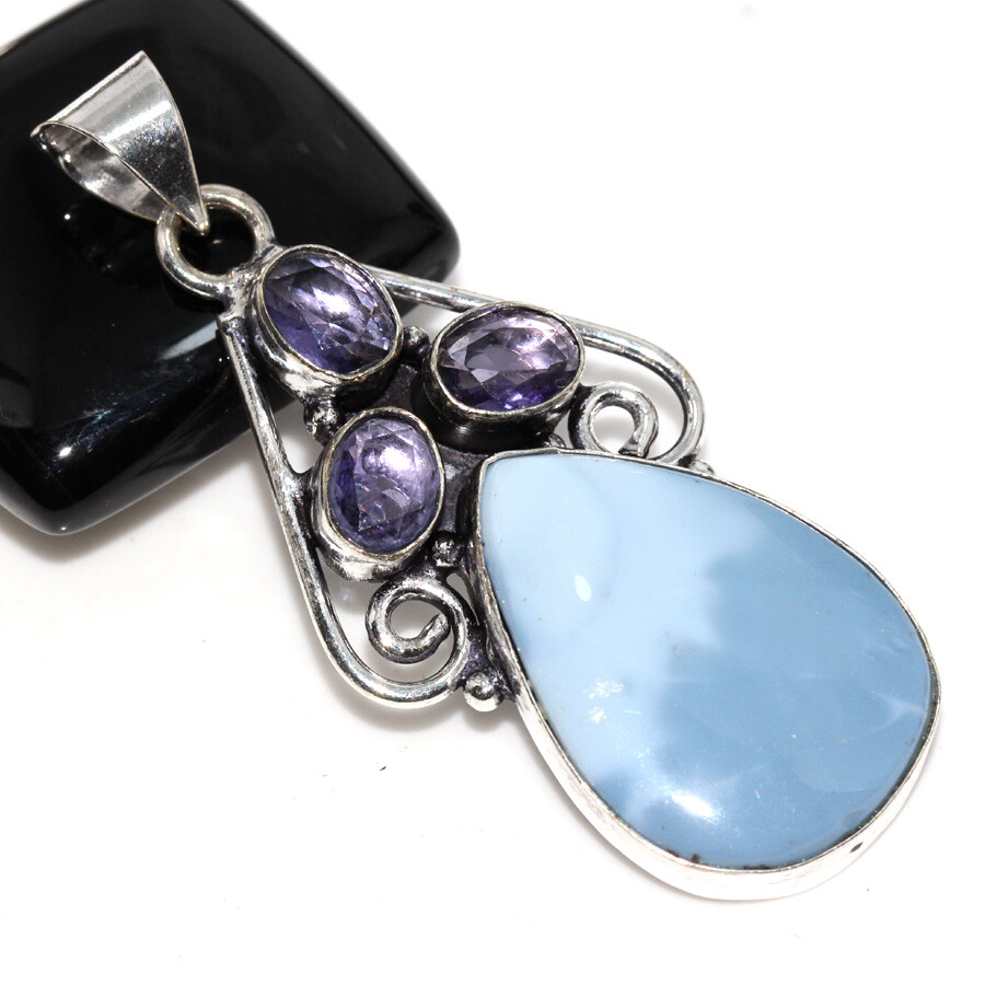 925 Silver Plated Owhyee Blue Opal Amethyst Long Pendant Jewelry Size 2.3