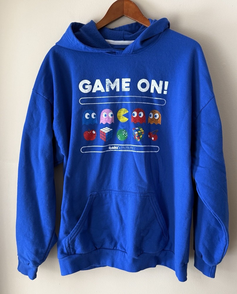 Rubiks PacMan Men XL Blue Hoodie Kangaroo Pocket Game On Anvil Retro Vintage