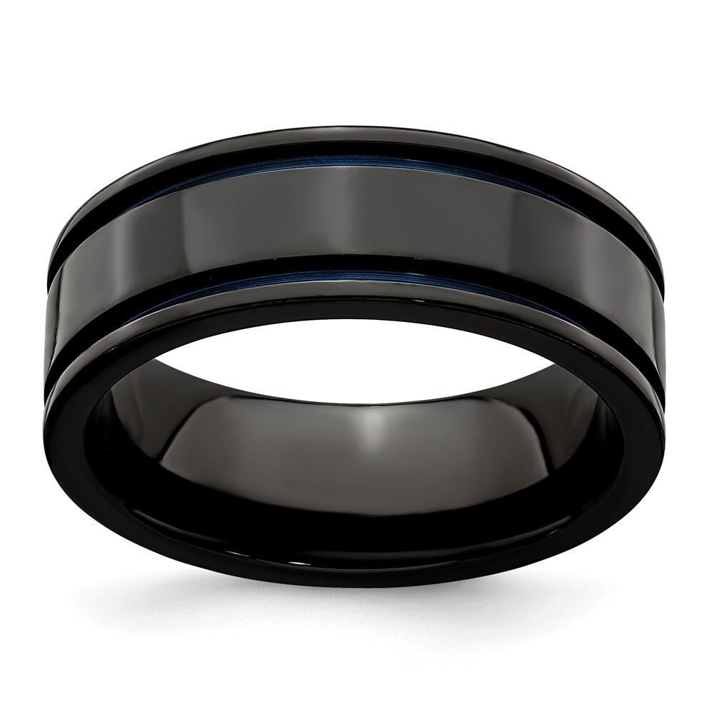 Titanium Black Titanium with Blue Anodized Grooves Flat 8mm Band Ring Size 10