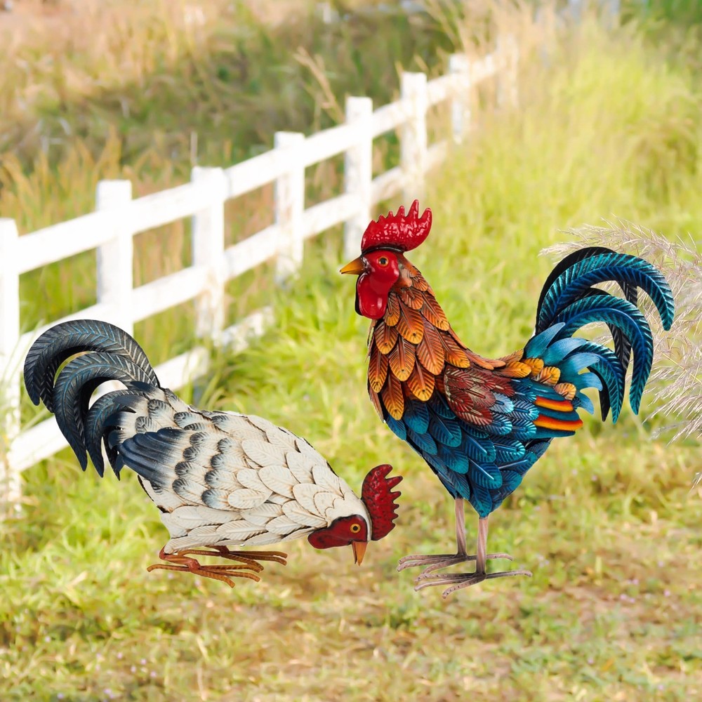 Metal Rooster Garden Statue Outdoor Decor Chicken Sculpture Rustic Yard Art