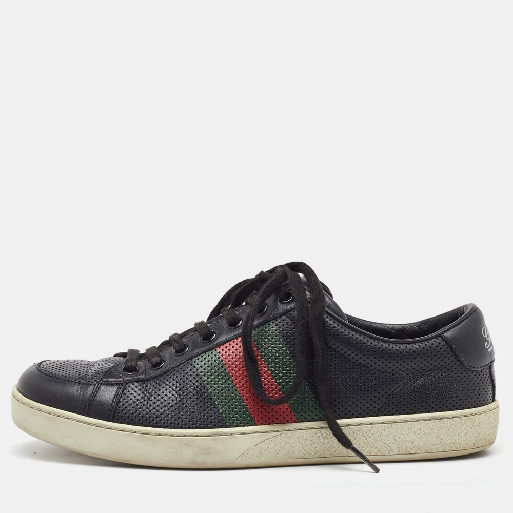 Gucci Black Perforated Leather Low Top Sneakers with Web Detail Size 40