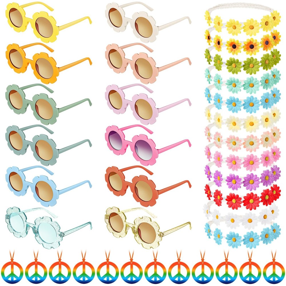 36-Piece Retro Flower Sunglasses Set with Daisy Headbands & Peace Necklaces for Festivals  