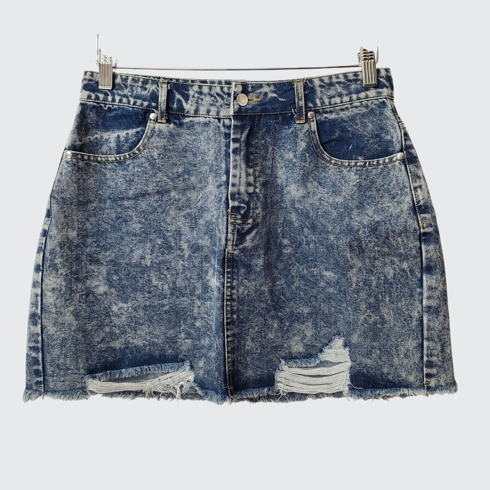 Hyfve Womens Distressed Acid Wash Denim Mini Skirt with Pockets Size M