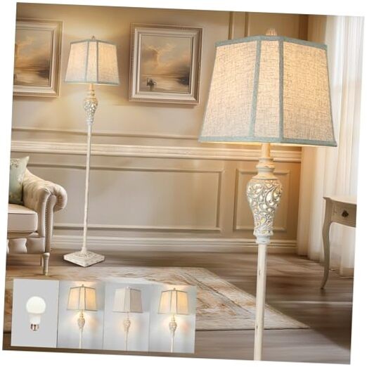 Rustic 65-Inch Floor Lamp with Nightlight and Cut Corner Linen Shade in Cream - No Tray