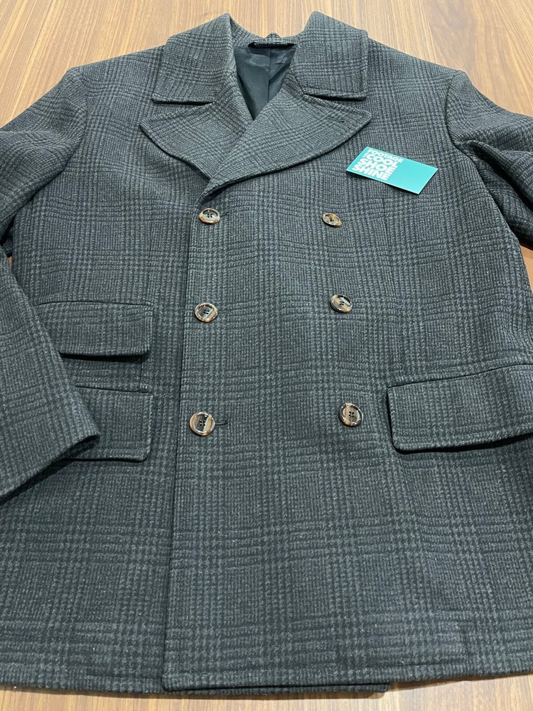 DOLCE & GABBANA Grey Black Plaid Wool Double Breasted Peacoat Jacket Size 48