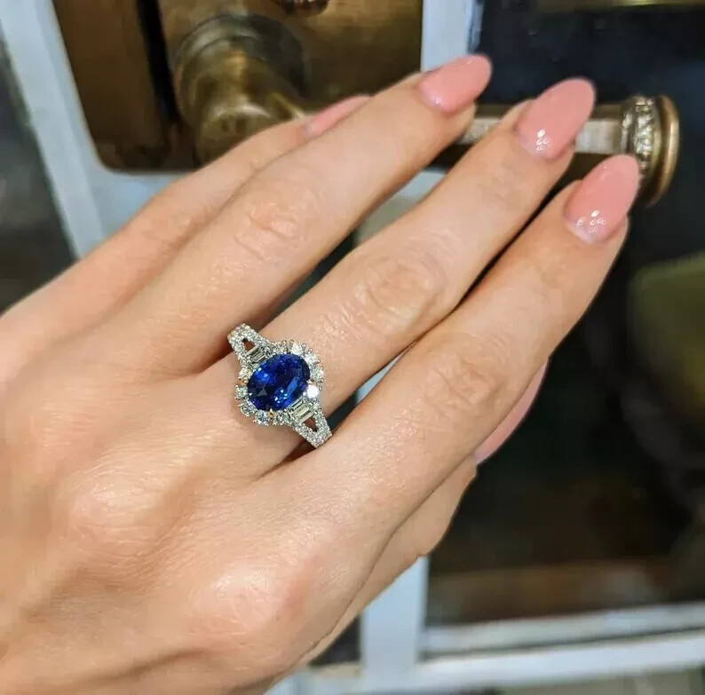 3 Ct Oval Cut Natural Sapphire & Diamond Wedding Ring 14K White Gold Solid