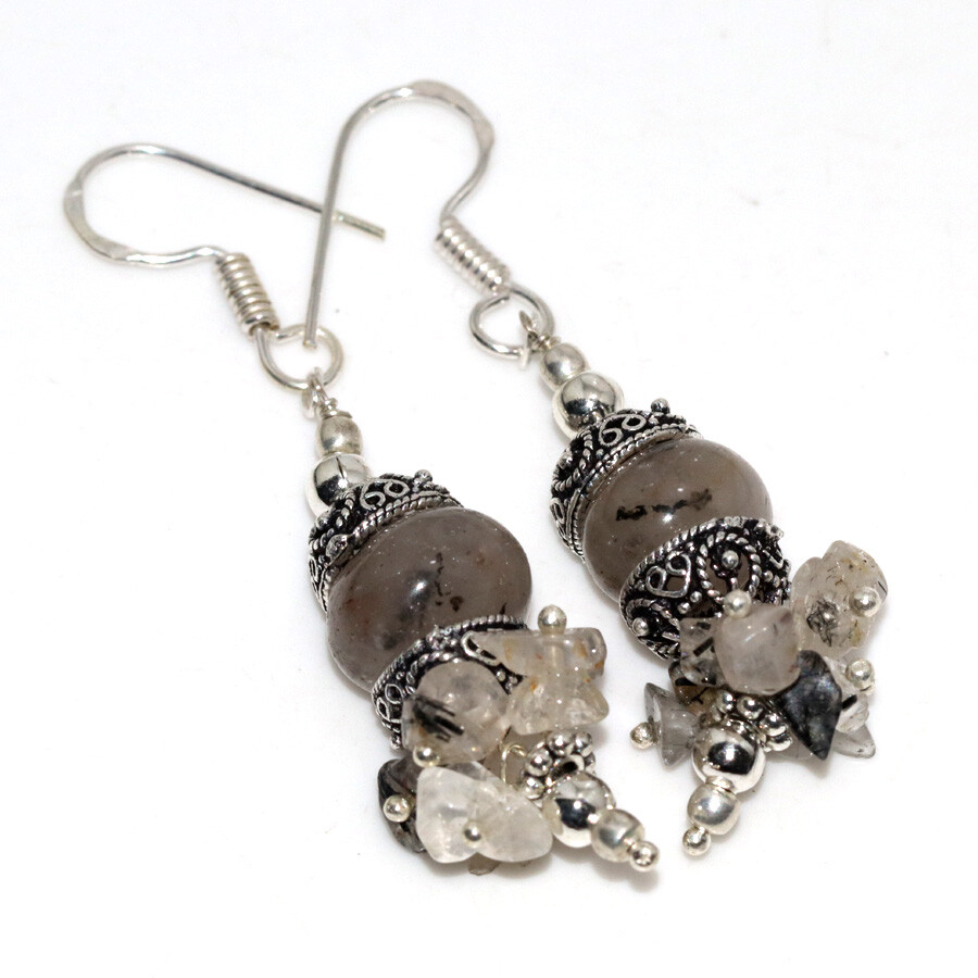 Beaded Natural Black Rutile 925 Silver Plated Gemstone Earrings 2.3