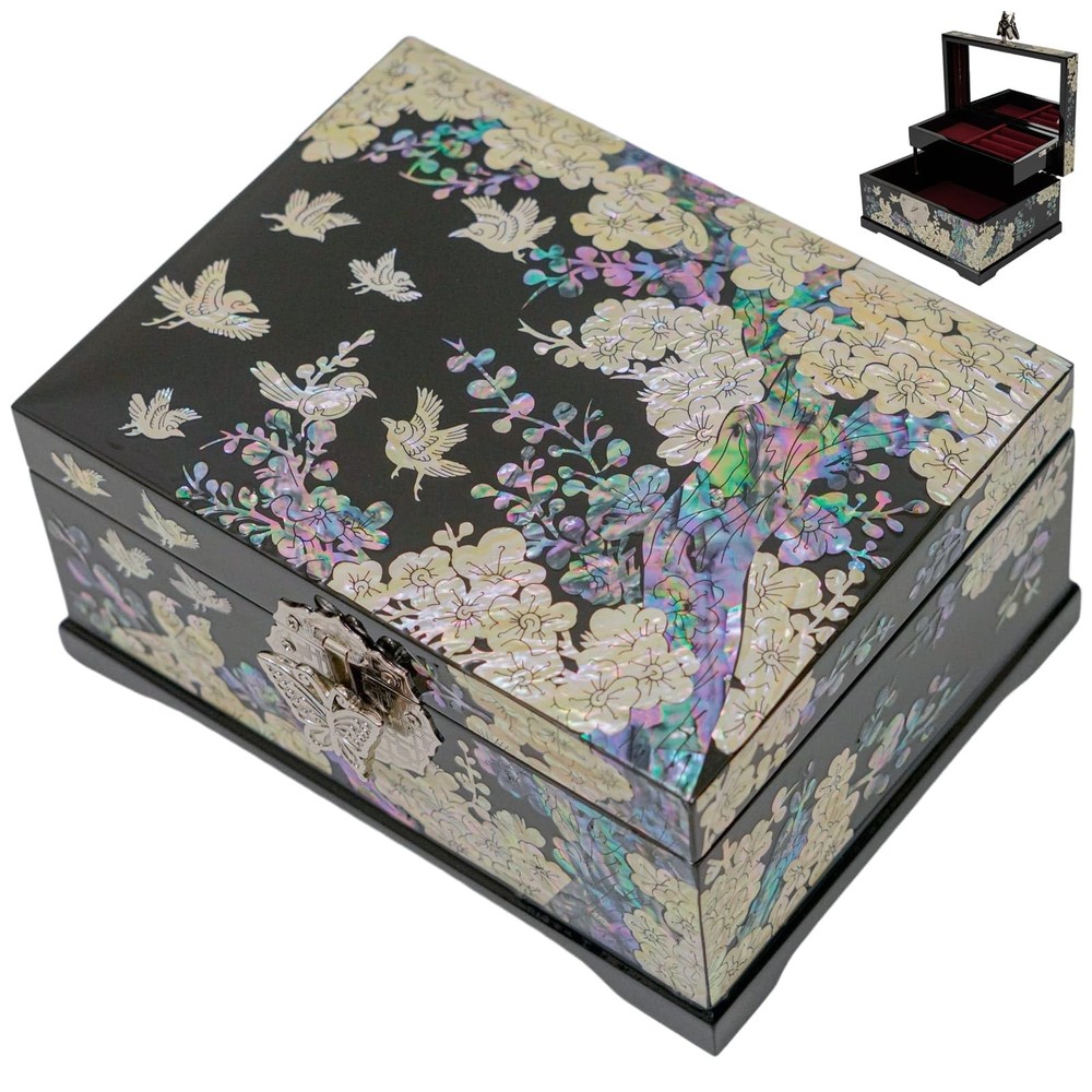 Mother-of-Pearl Jewelry Organizer with Handcrafted Bird and Floral Design - 3-Tier Storage
