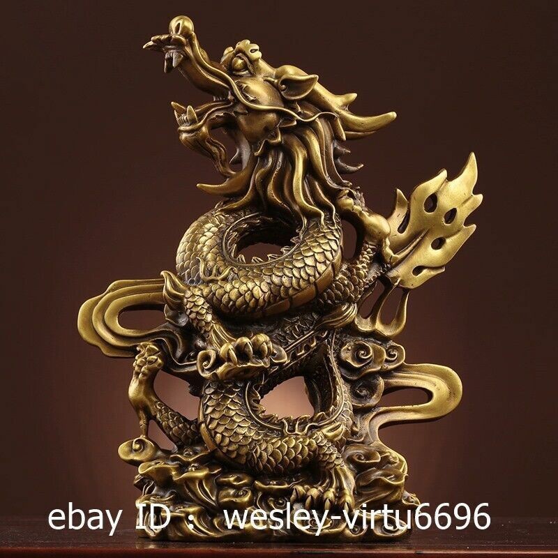 30CM Home Decoration Copper Brass Wealth Fengshui Chinese zodiac Dragon Statue