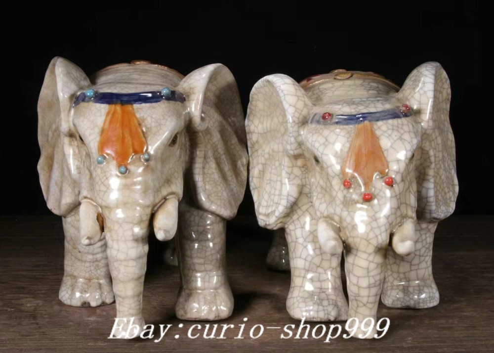 12-Inch Shiwan Porcelain Fengshui Ruyi Elephant Statue Pair for Good Luck