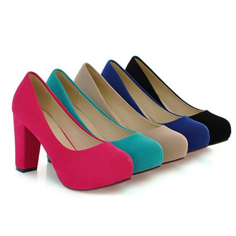 Womens Platform Round Toe Block Heel Slip On Pumps Party Office Shoes
