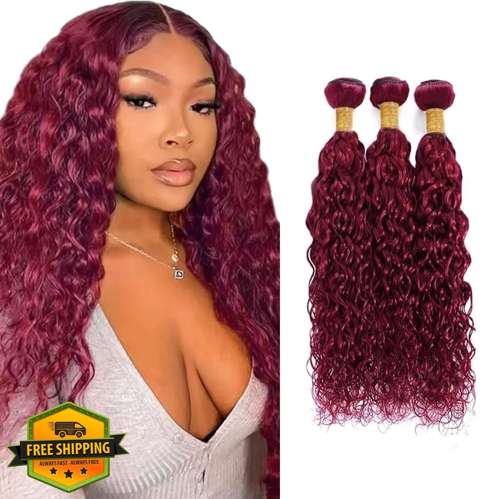 Burgundy Human Hair Water Wave Bundles 14 16 18 inch 99J