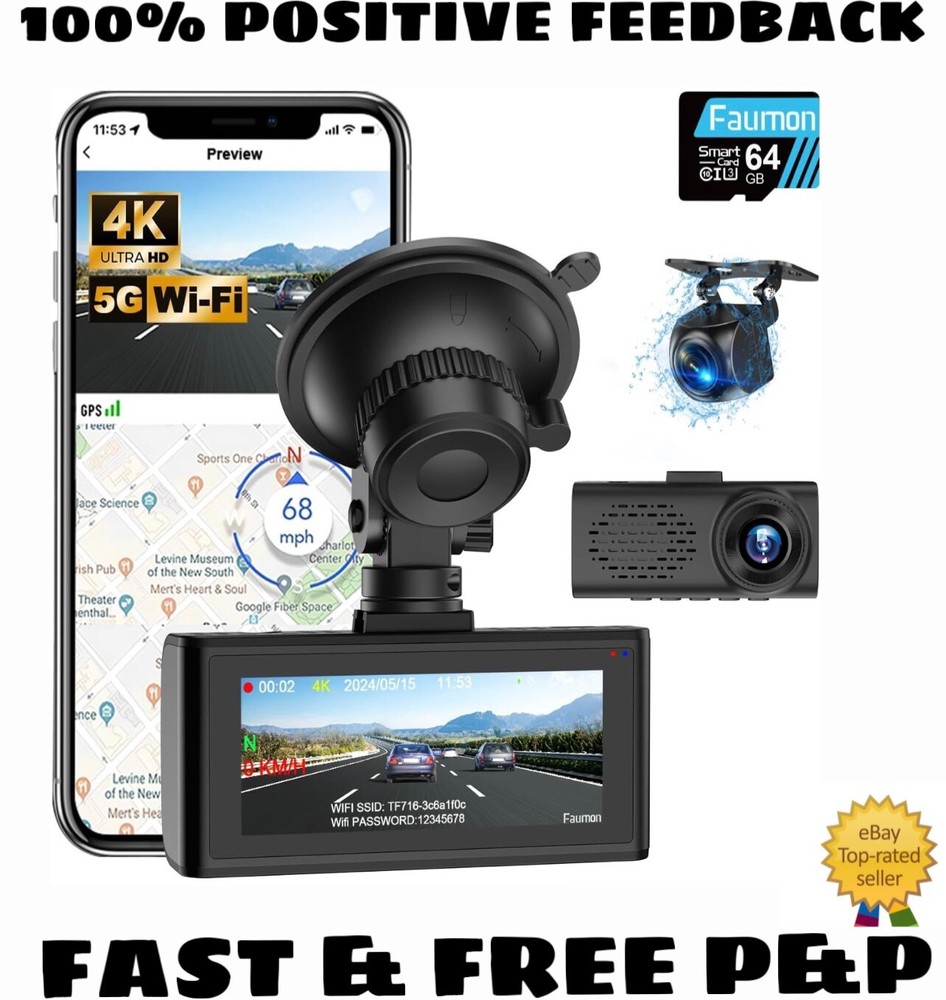 4K Dash Cam Front And Rear Dual Car Camera W/64- Night Vision-Loop Recording-